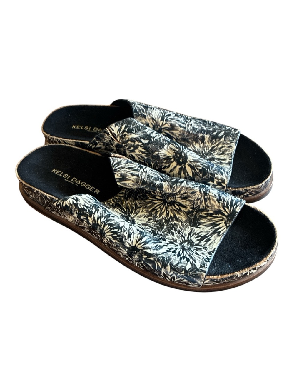 Kelsi Dagger Black and Cream Floral Slide Sandals